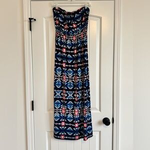 Trixxi Sz Small Strapless Maxi Dress Navy blue, beige, multi southwest pattern.